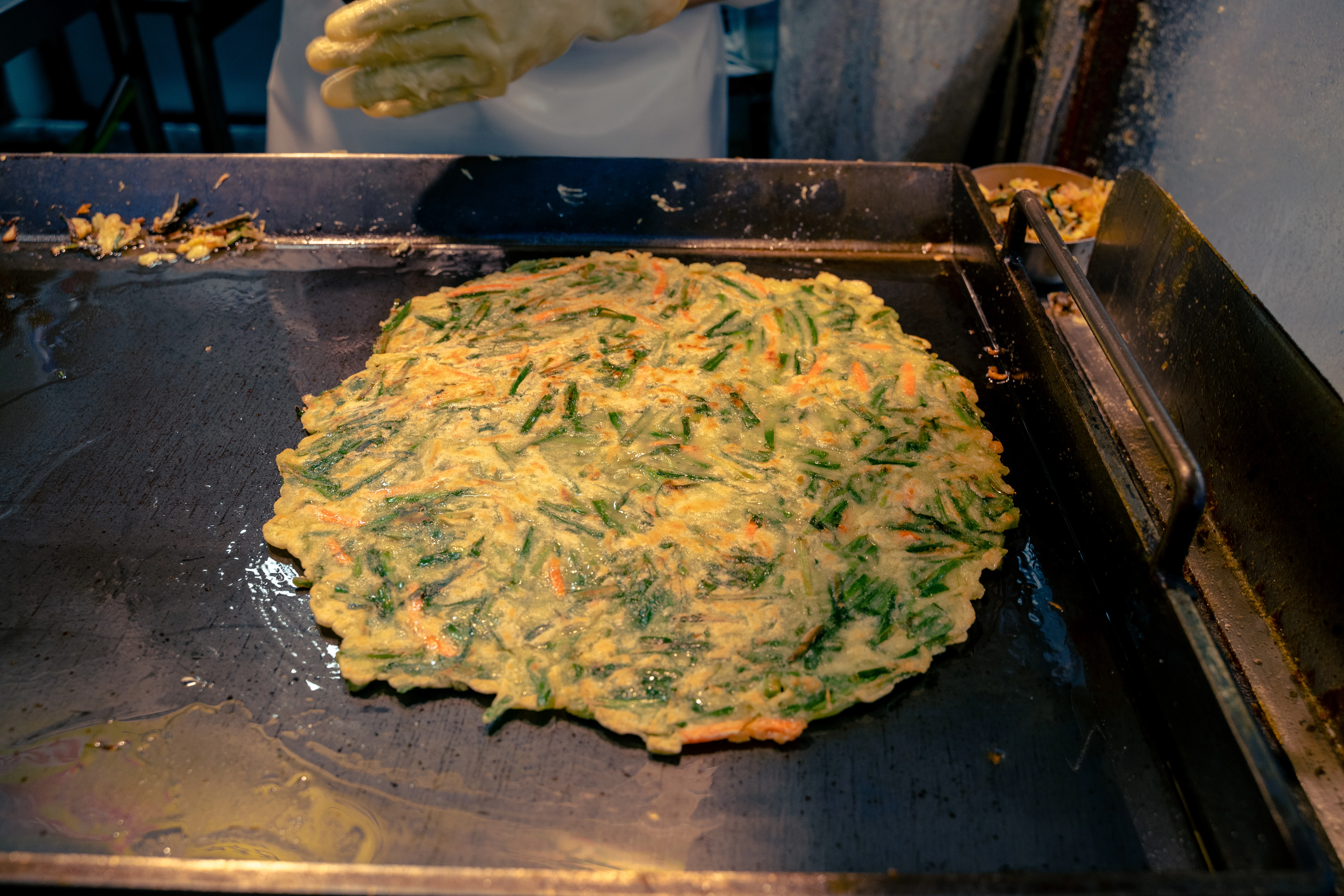 Authentic Korean Chive Pancake on a Hot Grill